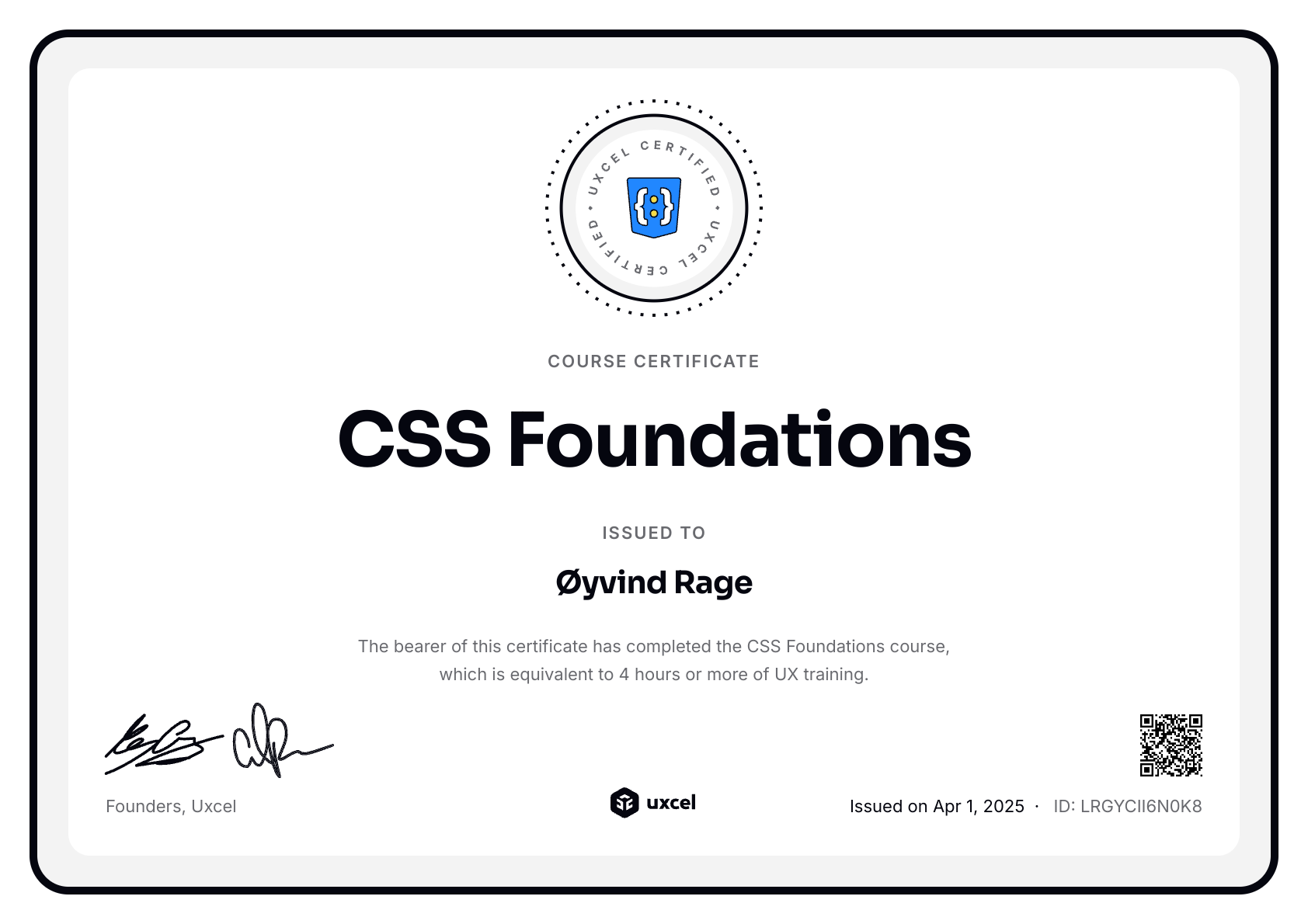 Øyvind Rage's certificate